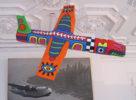 Aeroplane "The_ limit is beyond the sky" about 110cm wood, metal, paper glue and paint